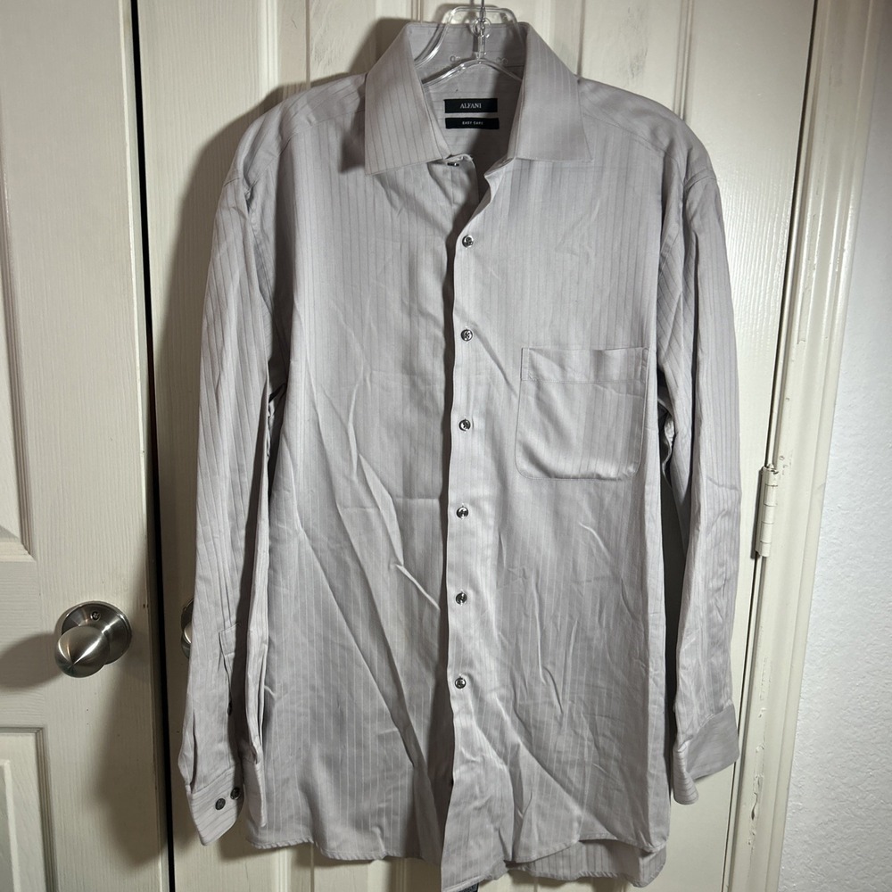 Alfani Mens Gray Striped Long Sleeve Button-Up Dress Shirt Size Medium 15 22/23